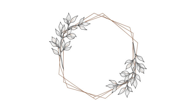 Geometric gold hexagonal frame decorated with delicate hand-drawn leaf branches for elegant wedding or event invitations.