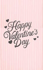Obraz premium Digital illustration with a light pink striped background and “Happy Valentine Day” lettering in gray. Soft minimalist Valentine’s Day design for greeting cards and decorative use.