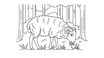 Sheep grazing peacefully in forest glade with trees