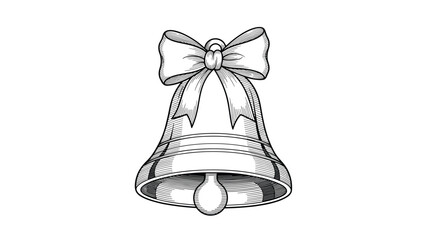 Elegant classical bell decorated with a large ribbon bow shown in a detailed engraving or woodcut style illustration for festive occasions.