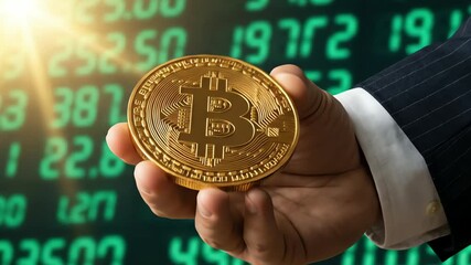 Golden bitcoin coin held by a hand, symbolizing digital finance and cryptocurrency market growth. - Powered by Adobe