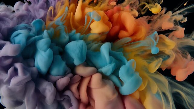 A vibrant abstract composition where colorful inks blend and swirl together against a black background. Forms evolve in motion