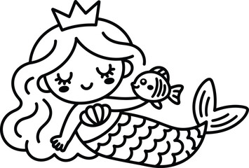Playful little mermaid wearing a majestic crown holding a smiling fish in a charming black outline