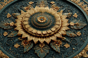 Fototapeta premium A luxurious decorative ornament featuring a three-dimensional floral motif, executed in gold on a dark background with emerald hues. 