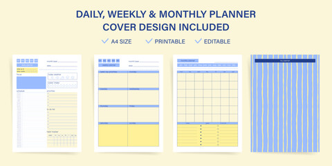 Daily weekly monthly planner template vector set. Pastel blue diamond pattern cover design. Ideal for personal organizer, printable journal, editable notebook, evaluation, priorities.