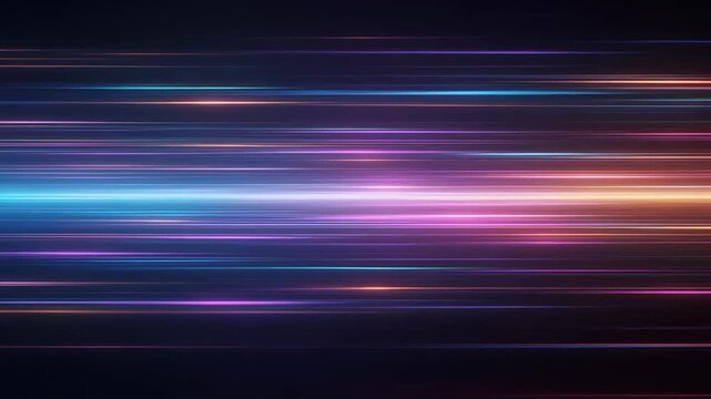 A vibrant, abstract digital art piece. Horizontal lines of varying thickness and color span the frame creating a sense of movement. The color palette varies from blue to orange