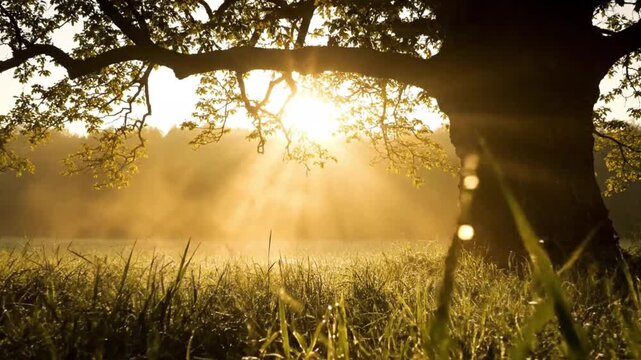 Sunrise through old oak tree silhouette over dewy grass