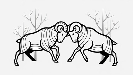 Two rams facing each other in aggressive stance with bare trees background
