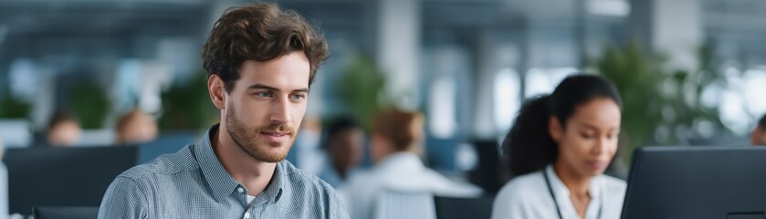 Young professionals working in a modern office environment with computers and focus