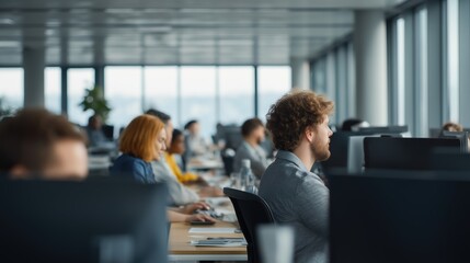 Busy Modern Office Workspace with Diverse Employees Engaged in Work Activities
