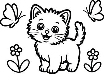 Fototapeta premium Sweet kitten outline for kids with two butterflies and garden flowers