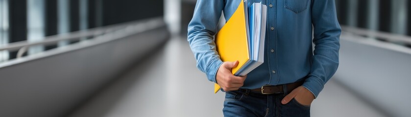 Person Holding Yellow Folder with Documents in Modern Office Corridor