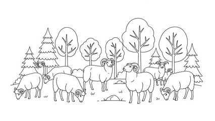 Herd of rams grazing peacefully in serene forest landscape