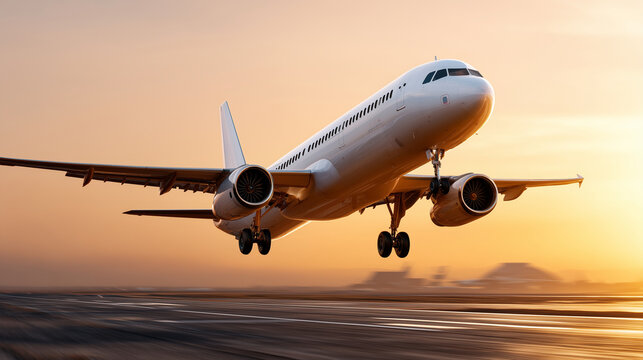 Illustration of a modern passenger liner taking off into a golden sunrise sky, International Civil Aviation Day concept, futuristic airport terminal in background, dynamic fli - Powered by Adobe