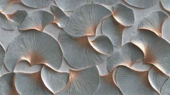 Luxury 3D wall panel texture with elegant ginkgo biloba leaf pattern, decorative metallic silver and rose gold floral relief for modern interior design, seamless abstract botanical wall background