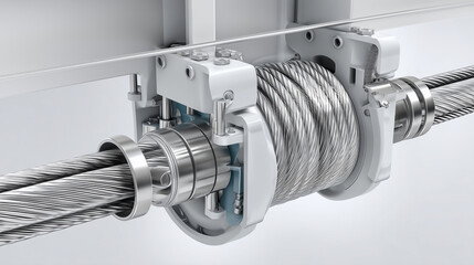 Illustration of an elevators internal pulley system with shiny steel cables, Elevator Professionals Day concept, technical blueprint style but realistic, focus on safety and stren