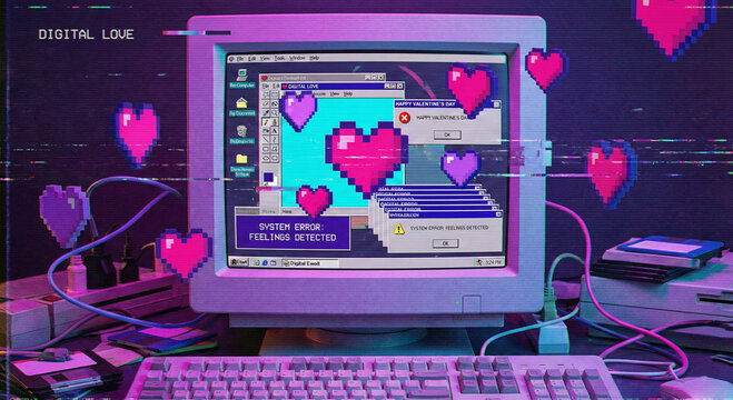 Retro Y2K computer aesthetic with pixel heart icons and system error message feelings detected for Valentine's Day
