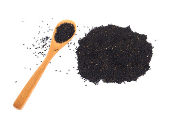 Black sesame seeds with wooden spoon and scattered grains isolated on white background. Concepts, Organic natural ingredient used in cooking, healthy food  High nutrition superfood, culinary spice.