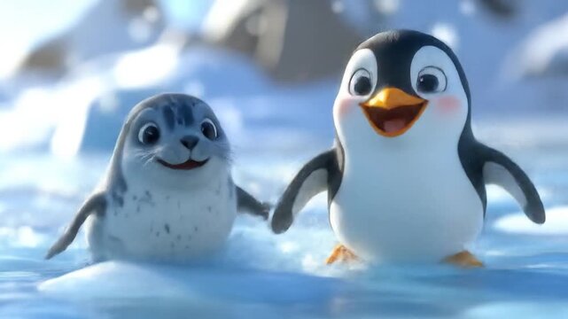 Cute seal and penguin on ice