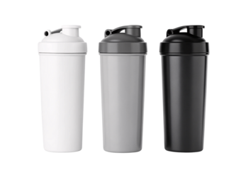 Three protein shaker bottles in white, gray, and black colors arranged together, isolated on a transparent background