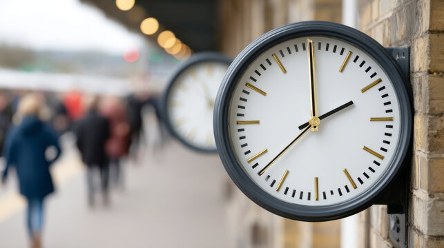 British summer time begins with classic clock at train station for seasonal transition concept