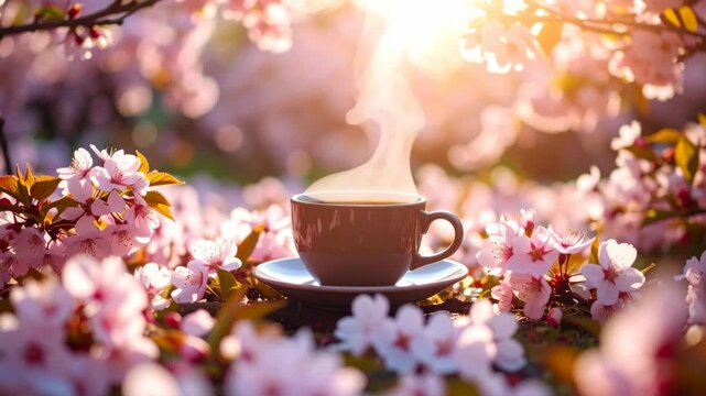 Steaming coffee cup on saucer amidst blooming pink flowers, sunlit spring morning refreshment, relaxing springtime beverage