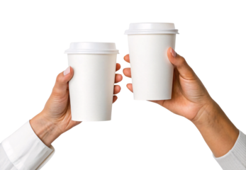 Two hands holding white paper coffee cups different sizes cheers toast, isolated on a transparent background