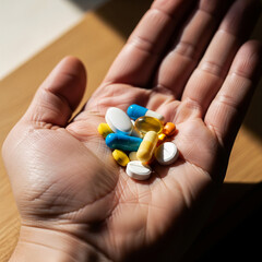 Variety of Colorful Medication and Supplements Held in the Palm of a Hand
