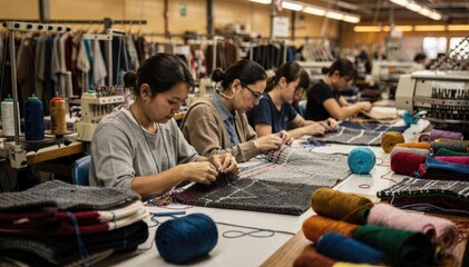 Medium shot of workers skillfully stitching knitted panels using contrast thread at a specialized linking and seaming station in a busy textile workshop.