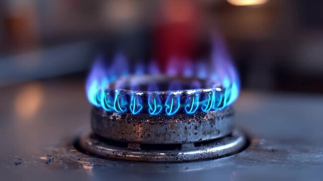 Blue gas flames on stovetop, blurred background