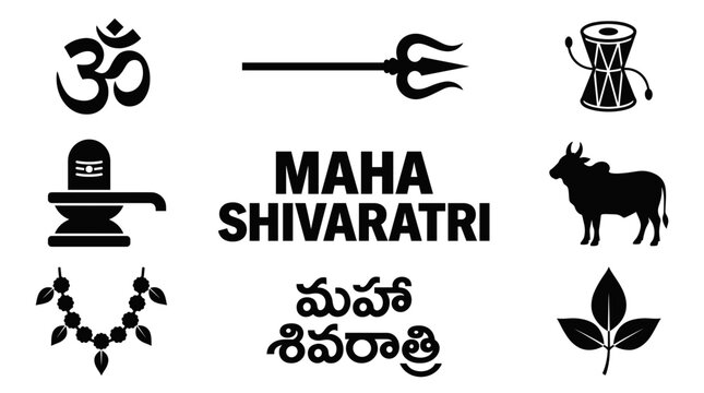 Happy Maha Shivaratri wishes black vector template. Features Om, Shivaling, Trishul, and Nandi. English and Telugu language typography for religious festival.