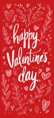 Calligraphy Happy Valentine's Day lettering on a red background with hearts and leaves. Happy Valentine's Day calligraphy lettering on red background