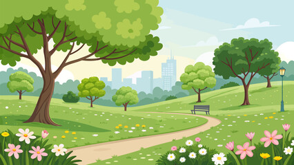 Obraz premium Serene city park with winding path and vibrant flowers