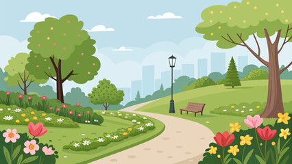 Obraz premium Serene city park with winding path and vibrant flowers