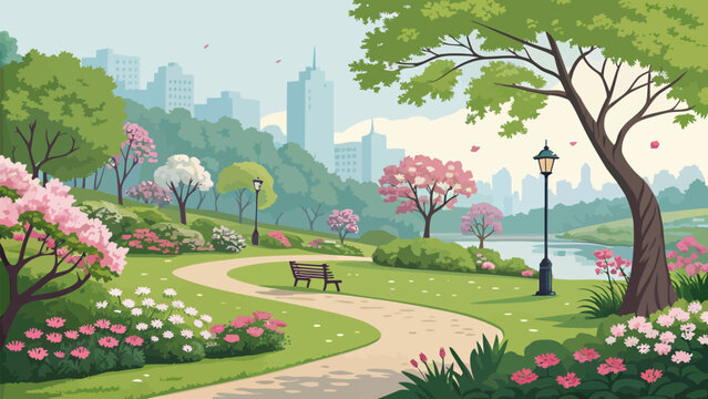 Serene city park with blooming flowers and winding path
