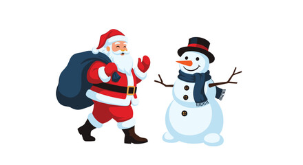 Santa Claus carrying a large blue sack of presents walking toward a cheerful snowman in a festive winter holiday scene.