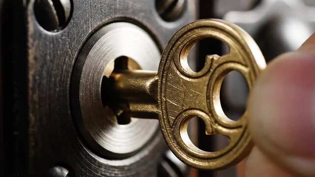 Close-up of a vintage brass key being inserted into an old lock