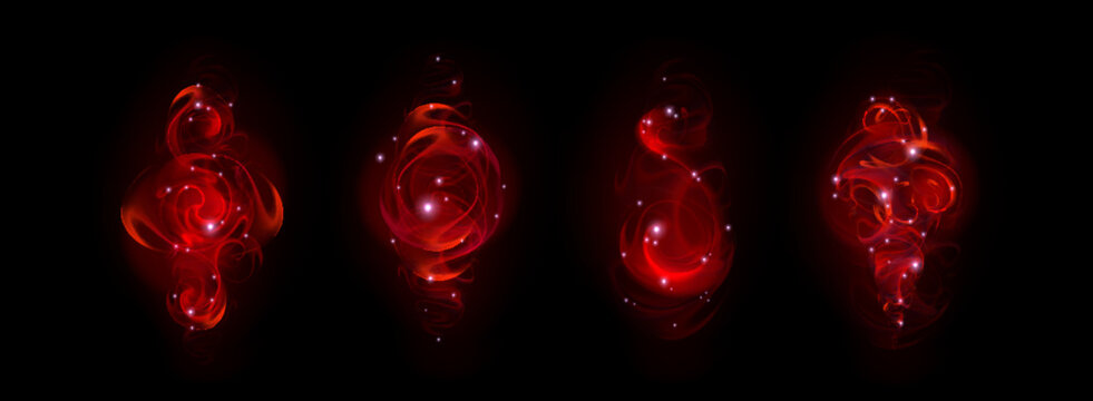 Magic red light swirls set isolated on black background. Vector realistic illustration of magician spell effect with glowing neon dust trail and shimmering particles, abstract sorcery flame waves