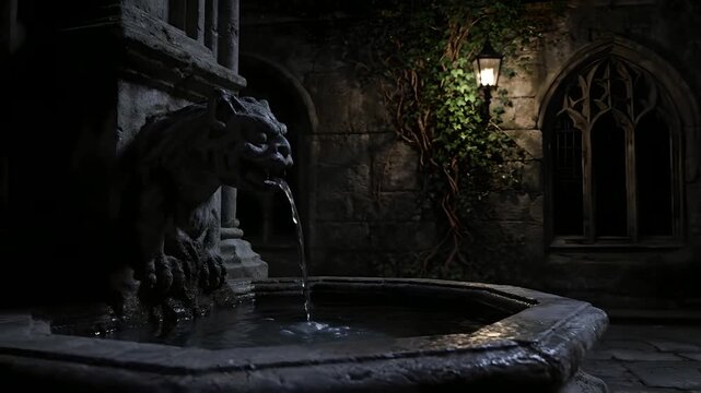 Water flows from a stone gargoyle fountain in a dark gothic courtyard, featuring ivy-covered walls, an arched window, and an antique lantern. Evokes fantasy, mystery, ancient history, dark academia,