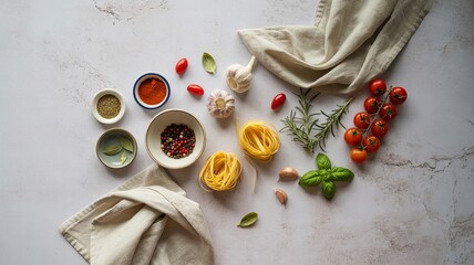 Stylized culinary setup with garlic, paprika, black pepper, and fresh produce arranged around uncooked pasta and neutral fabric.
