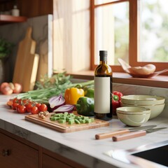 Clean culinary setup with cutting board, vegetables, oil bottle, and leafy greens, framed by green cabinetry and white tile backsplash.