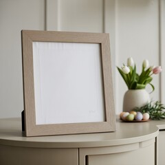 Wooden frame with blank insert surrounded by pastel Easter eggs, green foliage, and soft tulips in a clean, seasonal spring composition.