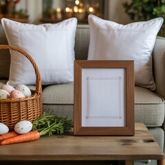 Stylized Easter vignette with neutral tones, blank frame, tulip bouquet, and soft shadows across a calm interior scene.