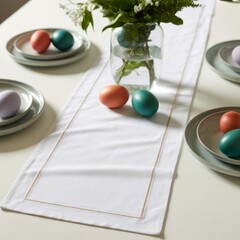 Minimalist spring composition with dyed eggs in soft tones, floral centerpiece, and clean tabletop symmetry in neutral light.