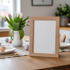 Stylized holiday vignette with pastel egg decor, fresh flowers, and a wooden frame, evoking spring warmth and festive simplicity.
