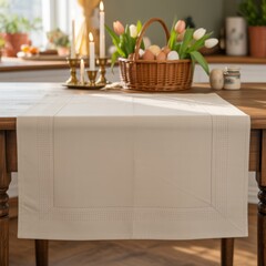 Festive table setup with brown and white eggs, pastel flowers, and warm candlelight, evoking seasonal charm and domestic calm.