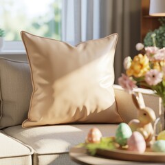 Spring-themed interior scene with neutral furnishings, festive egg decor, and a vase of blooming flowers under sheer curtains.