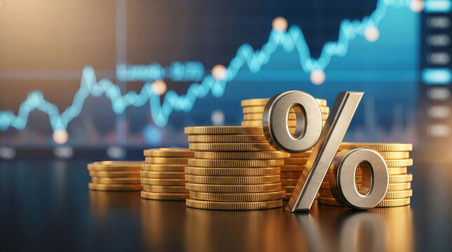 Gold coins with a large percentage symbol in front of a rising stock market graph for interest rates and investment returns
