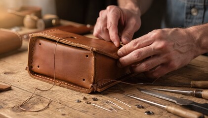 Craftsman carefully folds soft leather into a travelfolding valet tray stitching edges with precision to create a compact portable catchall accessory.