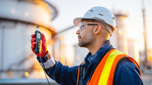 Faceless technician in an oil refinery setting, using an eddy current probe on a large storage tank, NDT Professionals Day concept, sunset lighting, professional North American ene